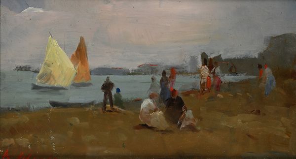 Alfredo Del Sordo : Spiaggia di una citt costiera con figure e vele in mare.  - Asta Dipinti del XIX e XX secolo - Associazione Nazionale - Case d'Asta italiane