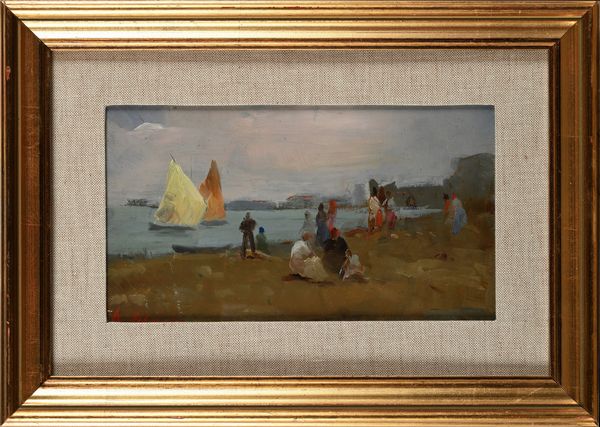 Alfredo Del Sordo : Spiaggia di una citt costiera con figure e vele in mare.  - Asta Dipinti del XIX e XX secolo - Associazione Nazionale - Case d'Asta italiane