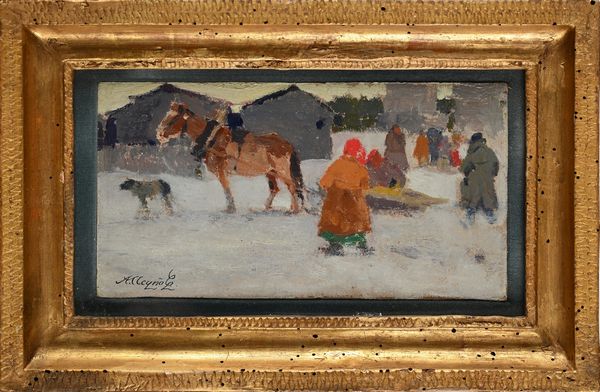 Alessio Issupoff : Scena di vita nel villaggio innevato  - Asta Dipinti del XIX e XX secolo - Associazione Nazionale - Case d'Asta italiane