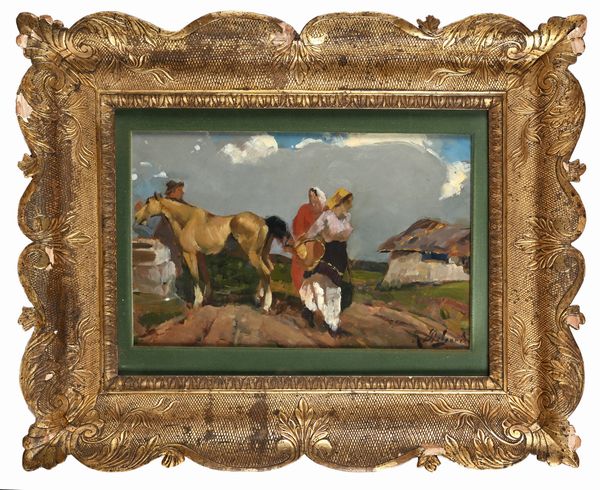 Alfredo Del Sordo : contadini in campagna con cavallo all'abbeveratoio  - Asta Dipinti del XIX e XX secolo - Associazione Nazionale - Case d'Asta italiane