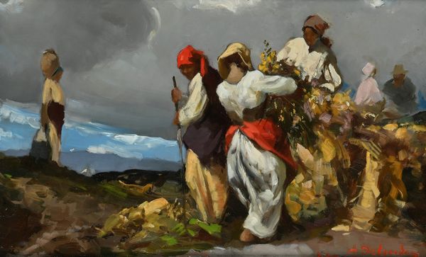 Alfredo Del Sordo : Contadine che raccolgono erbe  - Asta Dipinti del XIX e XX secolo - Associazione Nazionale - Case d'Asta italiane
