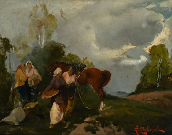 Alfredo Del Sordo : sosta di contadine in campagna  - Asta Dipinti del XIX e XX secolo - Associazione Nazionale - Case d'Asta italiane