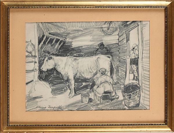 Alessio Issupoff : La mungitura nella stalla  - Asta Dipinti del XIX e XX secolo - Associazione Nazionale - Case d'Asta italiane