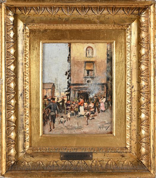 Vincenzo Migliaro : Vicolo napoletano  - Asta Dipinti del XIX e XX secolo - Associazione Nazionale - Case d'Asta italiane