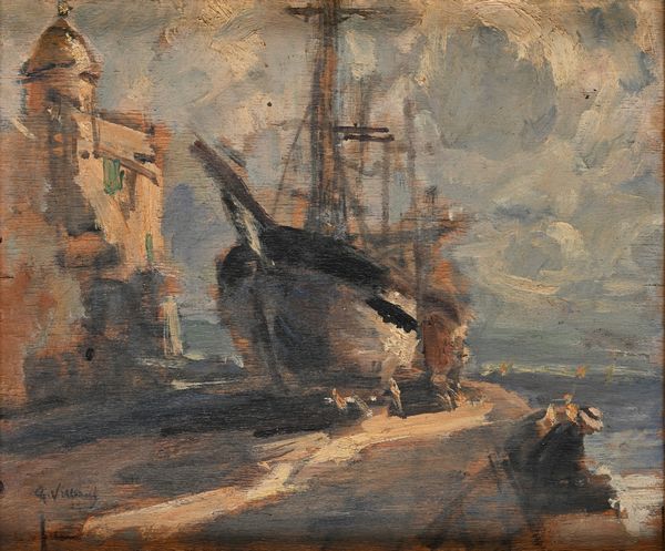 Gennaro Villani : Scorcio di borgo marinaro con barca in secca e due figure sedute sul molo  - Asta Dipinti del XIX e XX secolo - Associazione Nazionale - Case d'Asta italiane