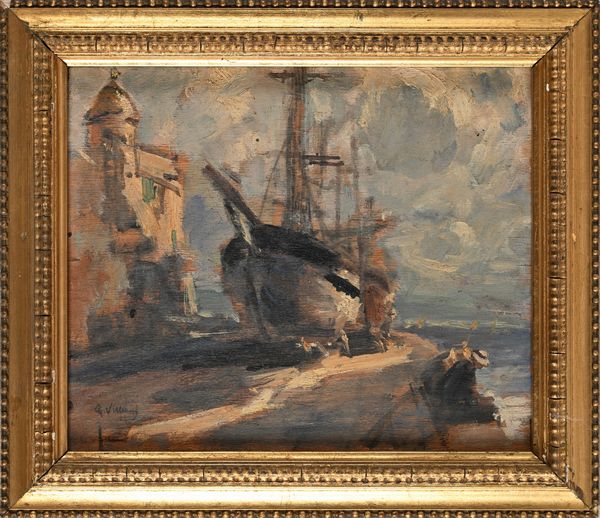 Gennaro Villani : Scorcio di borgo marinaro con barca in secca e due figure sedute sul molo  - Asta Dipinti del XIX e XX secolo - Associazione Nazionale - Case d'Asta italiane