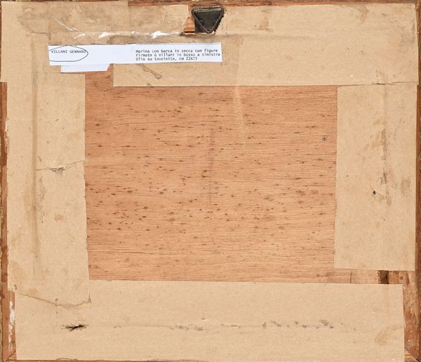 Gennaro Villani : Scorcio di borgo marinaro con barca in secca e due figure sedute sul molo  - Asta Dipinti del XIX e XX secolo - Associazione Nazionale - Case d'Asta italiane