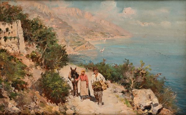 Tito Pellicciotti : Coppia di contadini su una strada lungo la costiera  - Asta Dipinti del XIX e XX secolo - Associazione Nazionale - Case d'Asta italiane