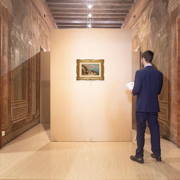 Tito Pellicciotti : Coppia di contadini su una strada lungo la costiera  - Asta Dipinti del XIX e XX secolo - Associazione Nazionale - Case d'Asta italiane