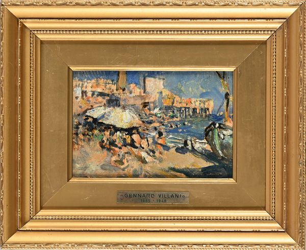 Gennaro Villani : Spiaggia affollata in una giornata di sole  - Asta Dipinti del XIX e XX secolo - Associazione Nazionale - Case d'Asta italiane