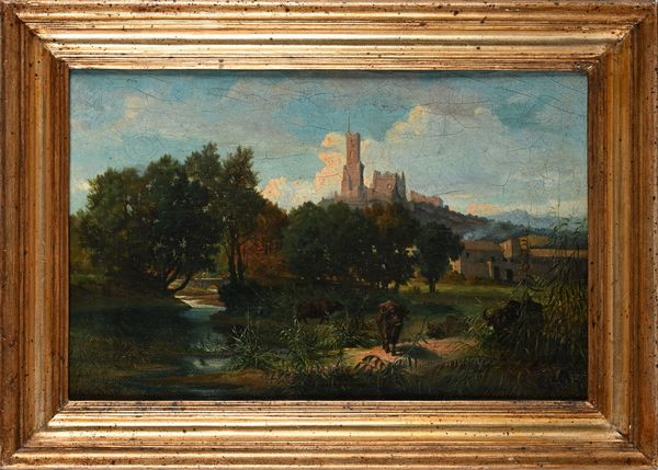 SCUOLA ROMANA DEL XIX SECOLO : Bufali nei pressi di un ruscello con un antico borgo in lontananza  - Asta Dipinti del XIX e XX secolo - Associazione Nazionale - Case d'Asta italiane