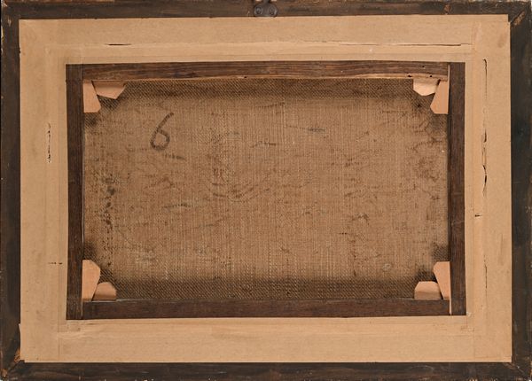 SCUOLA ROMANA DEL XIX SECOLO : Bufali nei pressi di un ruscello con un antico borgo in lontananza  - Asta Dipinti del XIX e XX secolo - Associazione Nazionale - Case d'Asta italiane