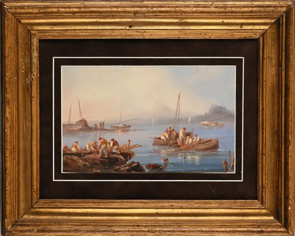 Salvatore Fergola : Pescatori e barche vicino agli approdi  - Asta Dipinti del XIX e XX secolo - Associazione Nazionale - Case d'Asta italiane