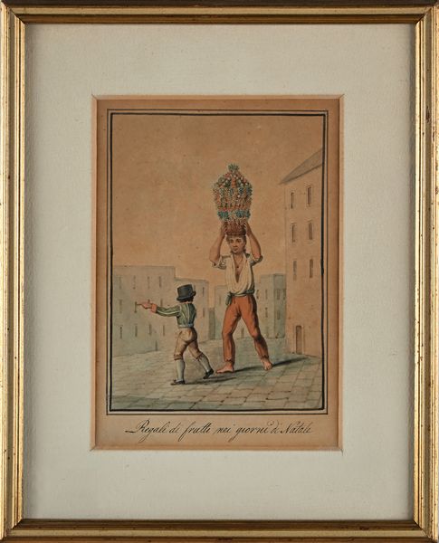 Scuola napoletana prima metà del XIX secolo : 'Venditore d'Uva'; 'Venditore di frutti di Mare'; 'Regali di frutti nei giorni di Natale';  'Regali che si usano nei giorni di Natale'  - Asta Dipinti del XIX e XX secolo - Associazione Nazionale - Case d'Asta italiane