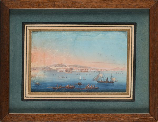 Scuola napoletana del XIX secolo : a) Veduta di Napoli da mare con barche di pescatori e velieri; b) 'ERUZIONE DEL 1804'  - Asta Dipinti del XIX e XX secolo - Associazione Nazionale - Case d'Asta italiane
