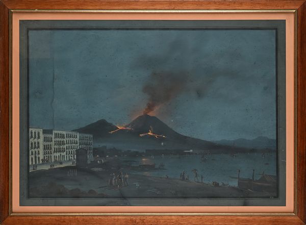 Scuola napoletana del XIX secolo : Napoli, veduta notturna dell'eruzione del Vesuvio del 1778  - Asta Dipinti del XIX e XX secolo - Associazione Nazionale - Case d'Asta italiane