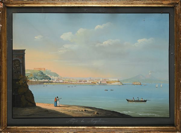 Scuola napoletana del XIX secolo : 'Napoli da Mergellina'  - Asta Dipinti del XIX e XX secolo - Associazione Nazionale - Case d'Asta italiane