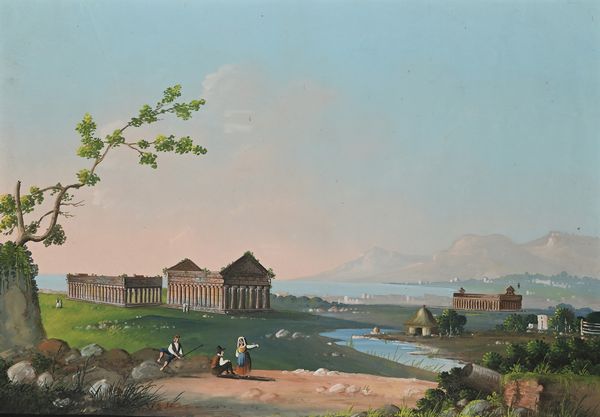 Scuola napoletana del XIX secolo : Pestum, veduta degli antichi templi e della costa con viandanti in sosta  - Asta Dipinti del XIX e XX secolo - Associazione Nazionale - Case d'Asta italiane