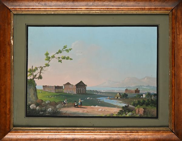 Scuola napoletana del XIX secolo : Pestum, veduta degli antichi templi e della costa con viandanti in sosta  - Asta Dipinti del XIX e XX secolo - Associazione Nazionale - Case d'Asta italiane