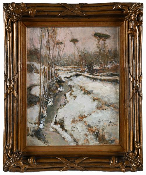 Giuseppe Casciaro : Paesaggio di campagna innevato con ruscello  - Asta Dipinti del XIX e XX secolo - Associazione Nazionale - Case d'Asta italiane