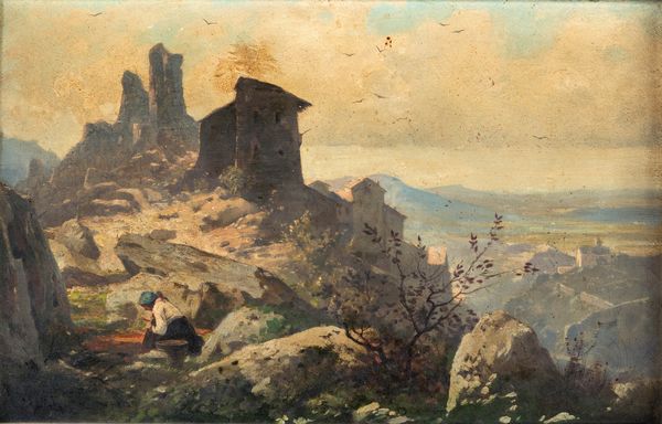 Scuola italiana del XIX secolo : Contadina nei pressi della rocca di un paese  - Asta Dipinti del XIX e XX secolo - Associazione Nazionale - Case d'Asta italiane