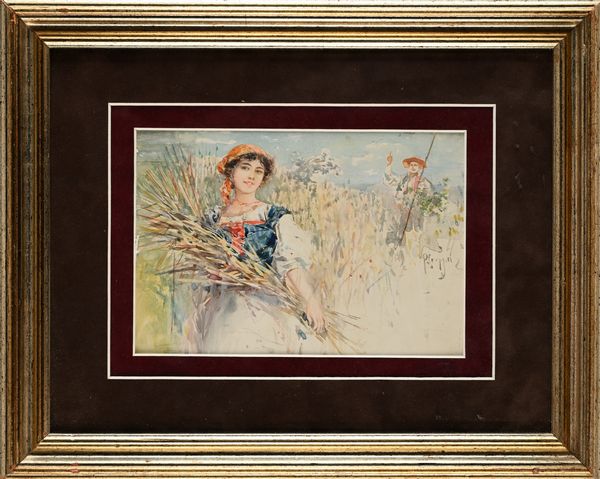 Pietro Scoppetta : La raccolta del grano  - Asta Dipinti del XIX e XX secolo - Associazione Nazionale - Case d'Asta italiane