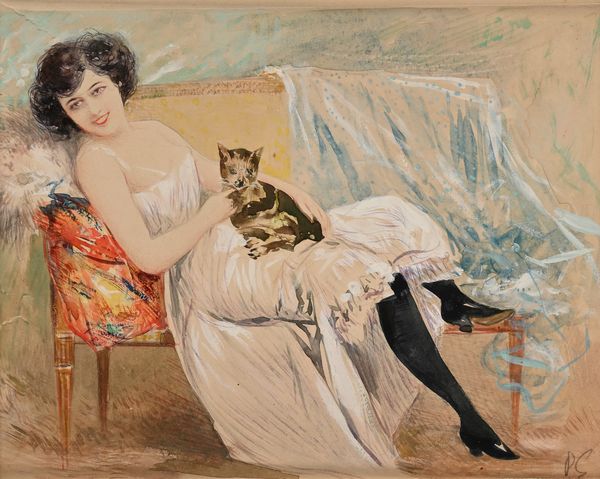 Pietro Scoppetta : Giovane donna in un interno con un gatto  - Asta Dipinti del XIX e XX secolo - Associazione Nazionale - Case d'Asta italiane
