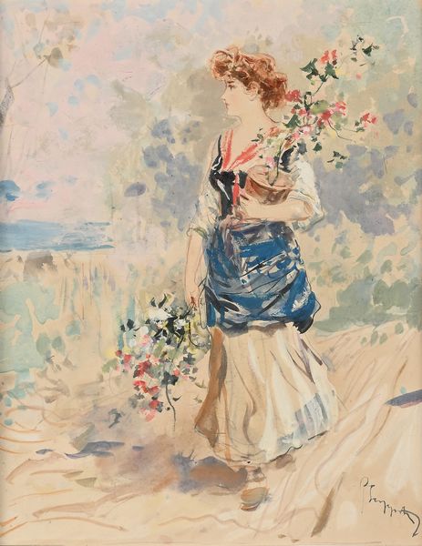 Pietro Scoppetta : Giovane popolana con vaso e mazzo di fiori  - Asta Dipinti del XIX e XX secolo - Associazione Nazionale - Case d'Asta italiane