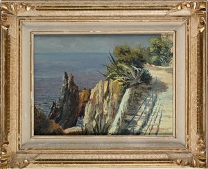 GIUSEPPE ARIGLIANO : 'Paesaggio costiero con agave e scogli' e 'stradina lungo la costiera'  - Asta Dipinti del XIX e XX secolo - Associazione Nazionale - Case d'Asta italiane