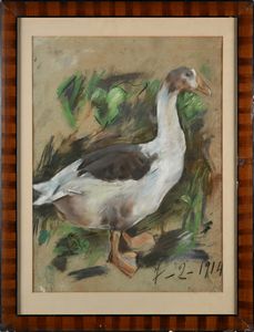 Scuola italiana inizi del XX secolo : Un oca nel verde  - Asta Dipinti del XIX e XX secolo - Associazione Nazionale - Case d'Asta italiane