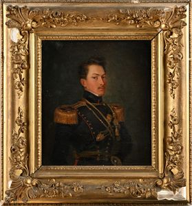 Scuola francese del XIX secolo : 'Ritratto di Ferdinand de Regard de Clermont de Vars, capitano del reggimento cavalleria d'Aosta, nato nel 1808 e ferito a morte nella battaglia di Novara il 23 marzo 1849, morto il 25 aprile 1849'  - Asta Dipinti del XIX e XX secolo - Associazione Nazionale - Case d'Asta italiane