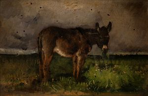 Scuola francese del XIX secolo - Asino che bruca in un paesaggio di campagna