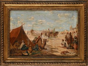 Eugène Fromentin : Accampamento arabo nei pressi delle mura di una citt  - Asta Dipinti del XIX e XX secolo - Associazione Nazionale - Case d'Asta italiane