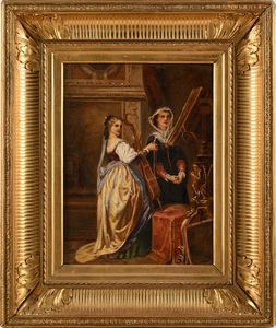 Scuola francese del XIX secolo : Due musiciste in un interno  - Asta Dipinti del XIX e XX secolo - Associazione Nazionale - Case d'Asta italiane