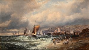 Alfred Montague - Borgo costiero con mare in tempesta