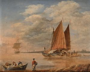 Scuola inglese del XIX secolo - Paesaggio costiero con barche e pescatori