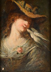 Scuola Europea del XIX secolo - Giovane donna con cappello e colomba