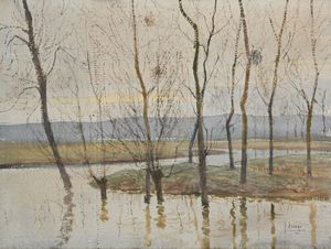 Joseph  Lesage (Scuola francese inizio del XX secolo - Paesaggio fluviale con alberi spogli