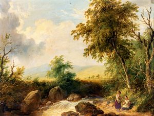 Scuola inglese del XIX secolo - Due giovani donne in sosta presso un ruscello in un paesaggio di campagna