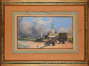 Scuola Europea del XIX secolo : Veduta della spiaggia di Ostenda  - Asta Dipinti del XIX e XX secolo - Associazione Nazionale - Case d'Asta italiane