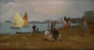 Alfredo Del Sordo - Spiaggia di una citt costiera con figure e vele in mare.