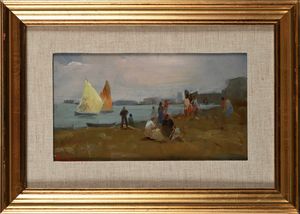 Alfredo Del Sordo : Spiaggia di una citt costiera con figure e vele in mare.  - Asta Dipinti del XIX e XX secolo - Associazione Nazionale - Case d'Asta italiane