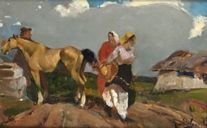 Alfredo Del Sordo - contadini in campagna con cavallo all'abbeveratoio