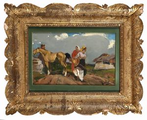 Alfredo Del Sordo : contadini in campagna con cavallo all'abbeveratoio  - Asta Dipinti del XIX e XX secolo - Associazione Nazionale - Case d'Asta italiane