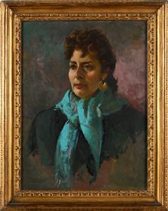 Alfredo Del Sordo : Ritratto di signora con scialle azzurro  - Asta Dipinti del XIX e XX secolo - Associazione Nazionale - Case d'Asta italiane