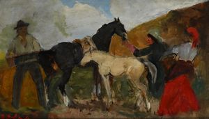 Alfredo Del Sordo - Contadini con cavallo e puledro bianco