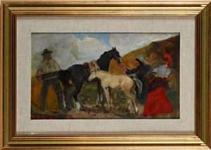 Alfredo Del Sordo : Contadini con cavallo e puledro bianco  - Asta Dipinti del XIX e XX secolo - Associazione Nazionale - Case d'Asta italiane
