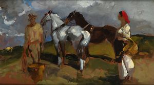 Alfredo Del Sordo - coppia di contadini in sosta con due cavalli