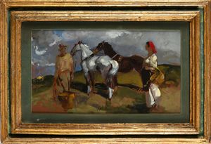 Alfredo Del Sordo : coppia di contadini in sosta con due cavalli  - Asta Dipinti del XIX e XX secolo - Associazione Nazionale - Case d'Asta italiane