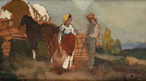 Alfredo Del Sordo - Sosta di contadini con cavallo all'abbeveratoio